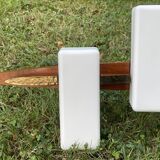 Scandinavian chandelier, brass, precious wood, 4 lights, shuttle 102 x 35 x 9 cm