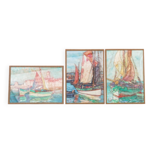 Lot de 3 aquarelles marines,