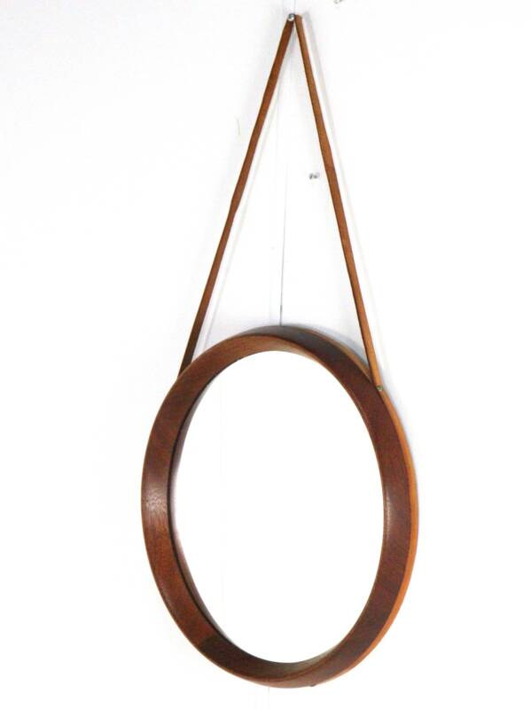 Round teak danish mirror with leather strap