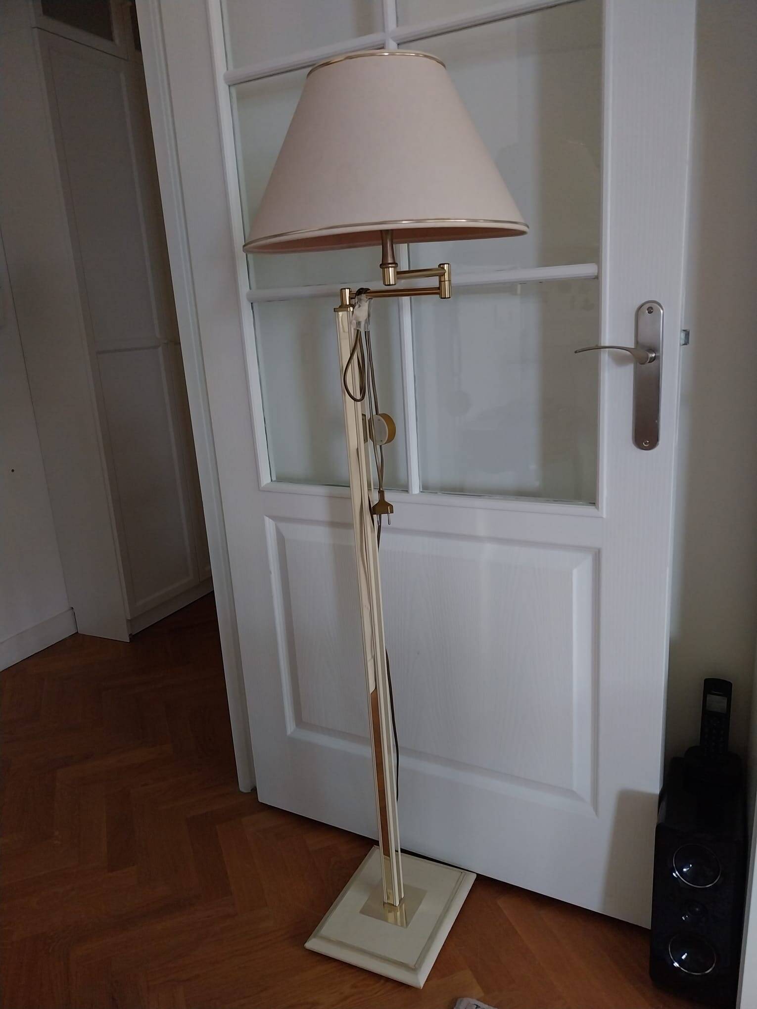 Vintage floor lamp with beige fabric shade and gold legs
