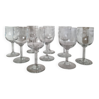 Ensemble de 9 verres à vin blanc anciens Meisenthal Pasteur Graveur Empire