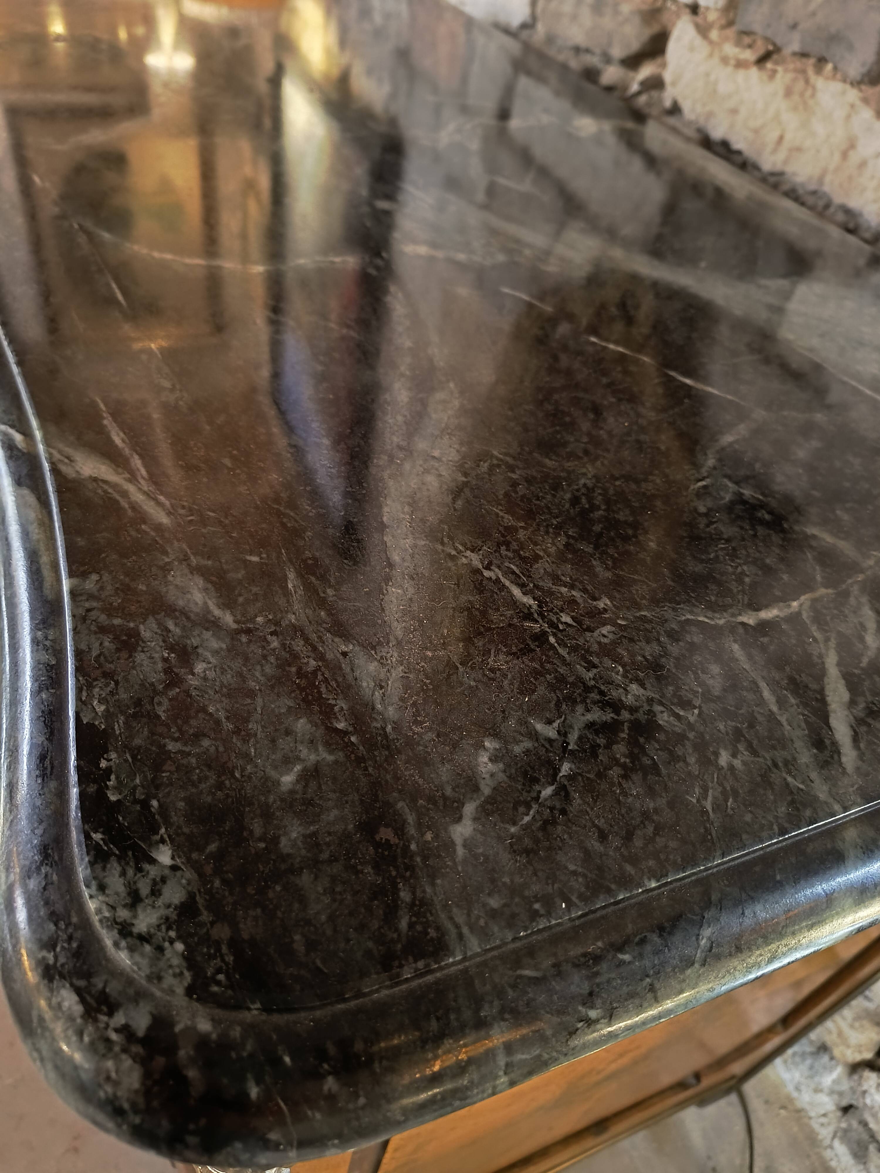 "Louis XIV" style commode with green Alpine marble and walnut burl.