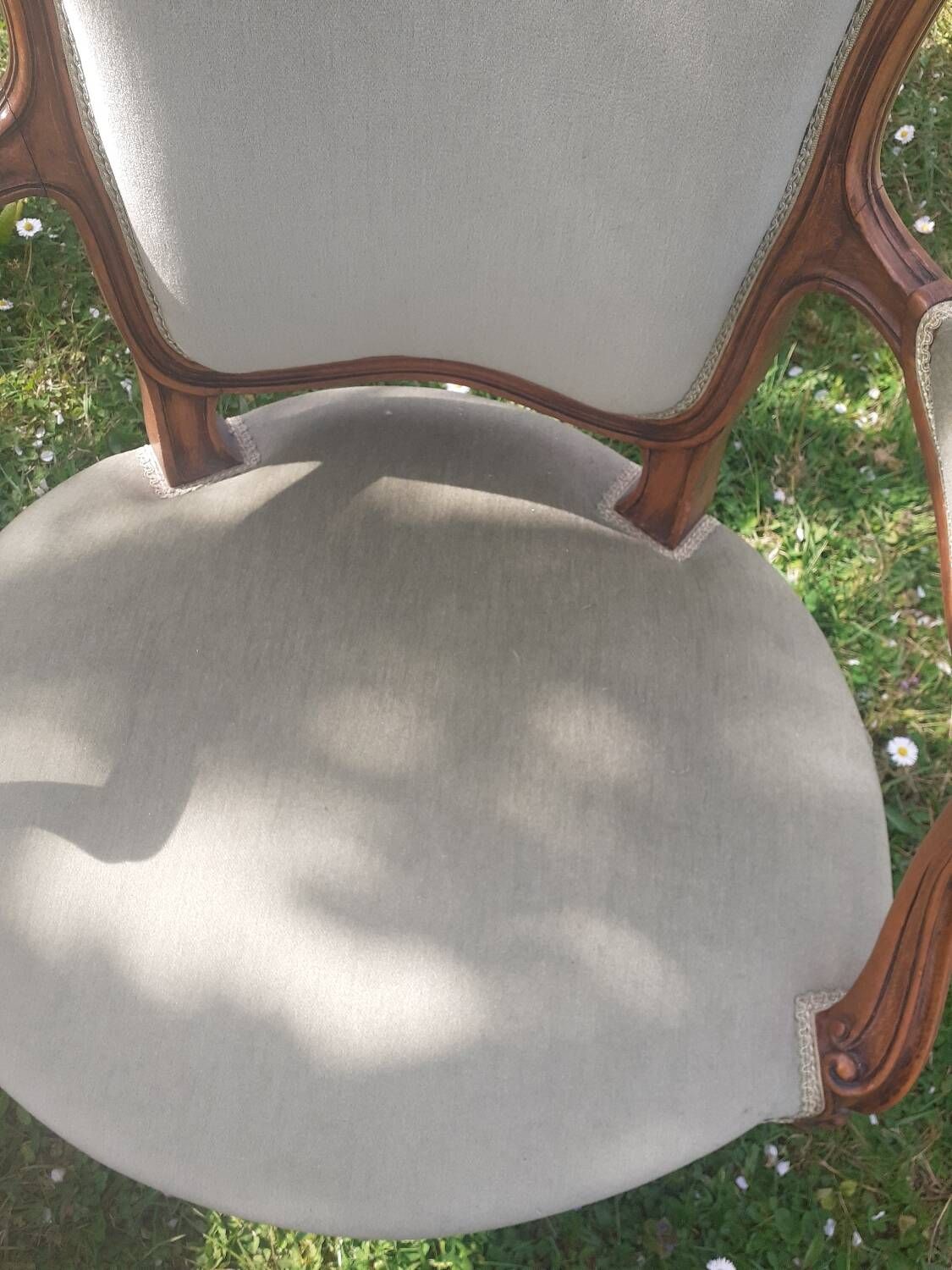 Pair of Rocaille style armchairs in green fabric and walnut, 19th century