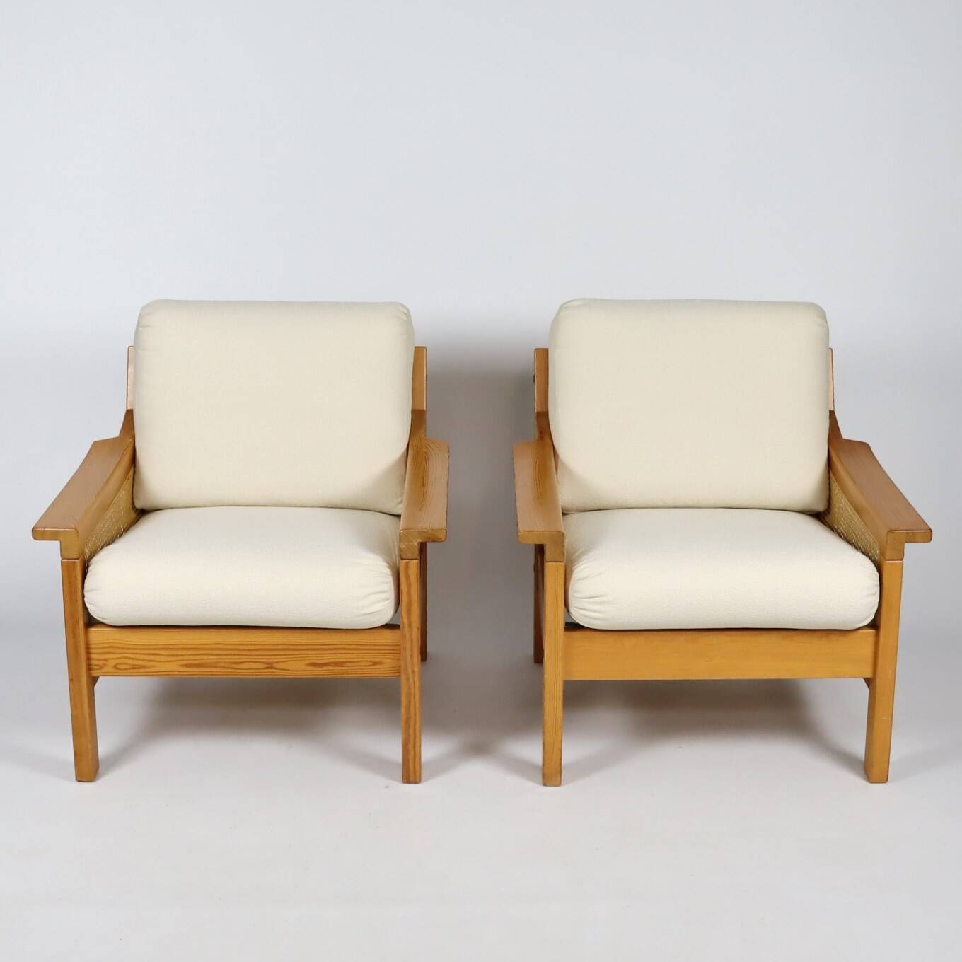 Pair of 70s cane and pine armchairs