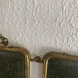 Vintage 1920s triptych barber mirror in gold and green faux crocodile leather - 37 x 87