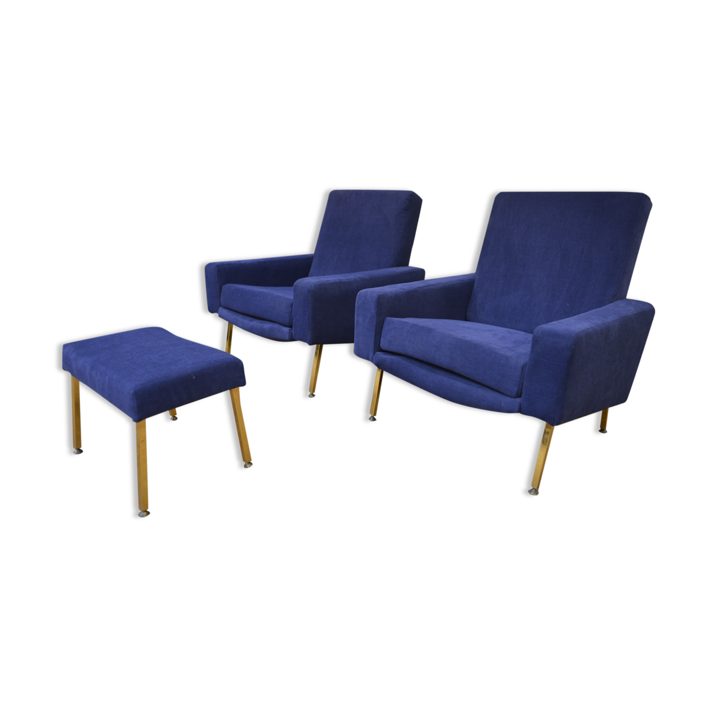 Pair of armchairs and ottoman vintage 1950 in blue velour and brass