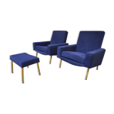 Pair of armchairs and ottoman vintage 1950 in blue velour and brass