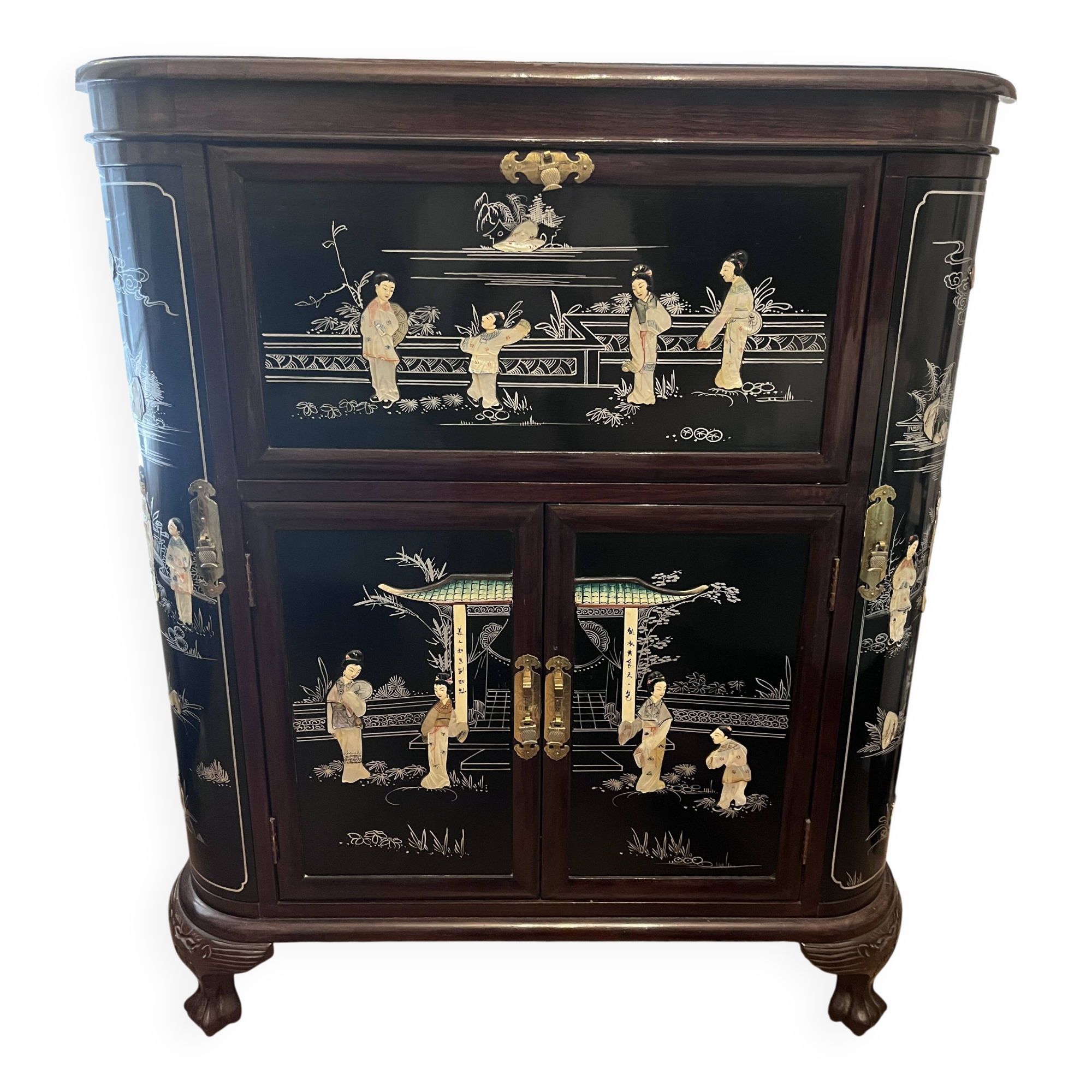 "Chinese black lacquer cabinet, mother-of-pearl inlays, court scenes"