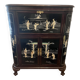 "Chinese black lacquer cabinet, mother-of-pearl inlays, court scenes"