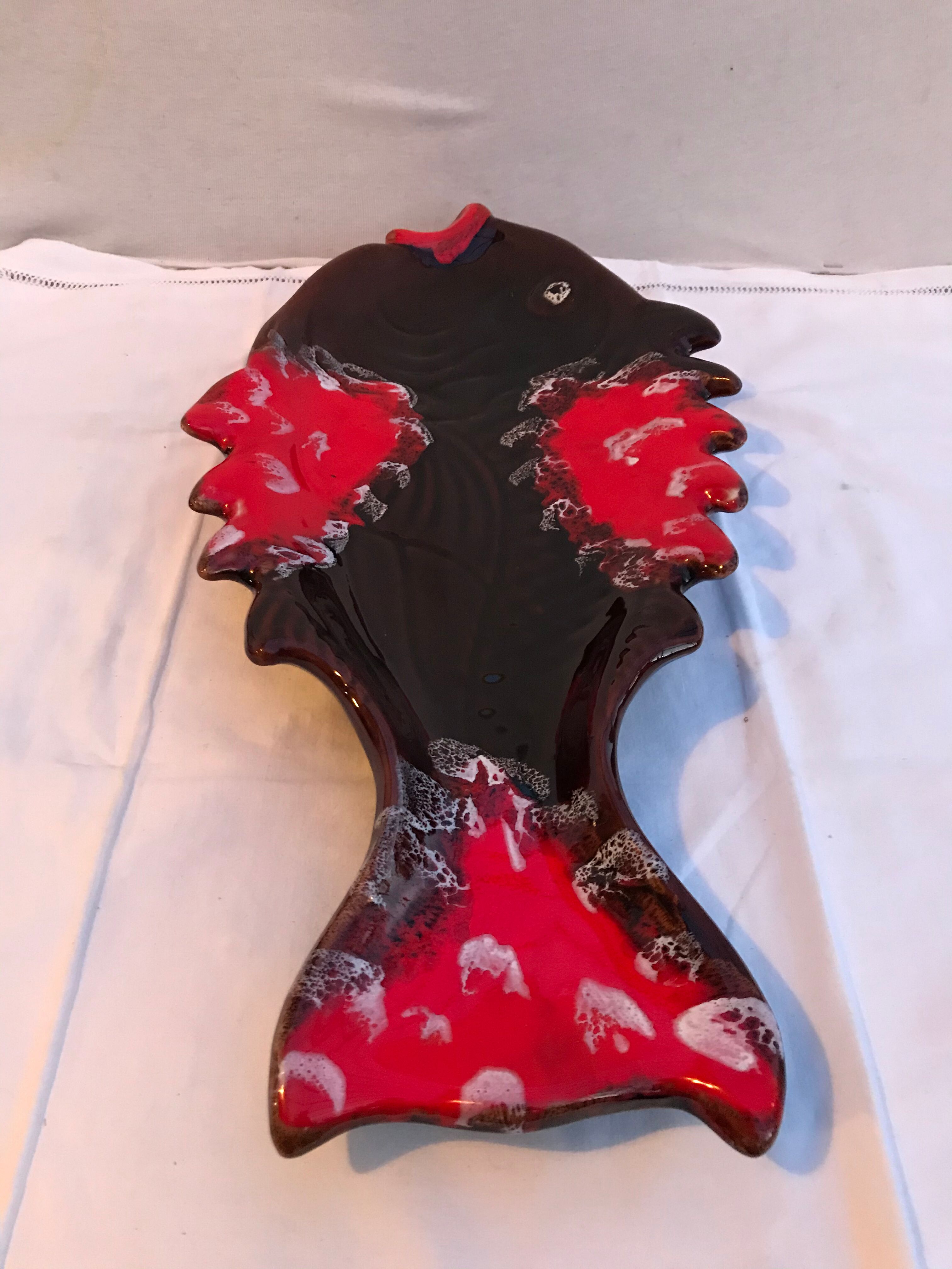 Former raw fish plate vintage red brown
