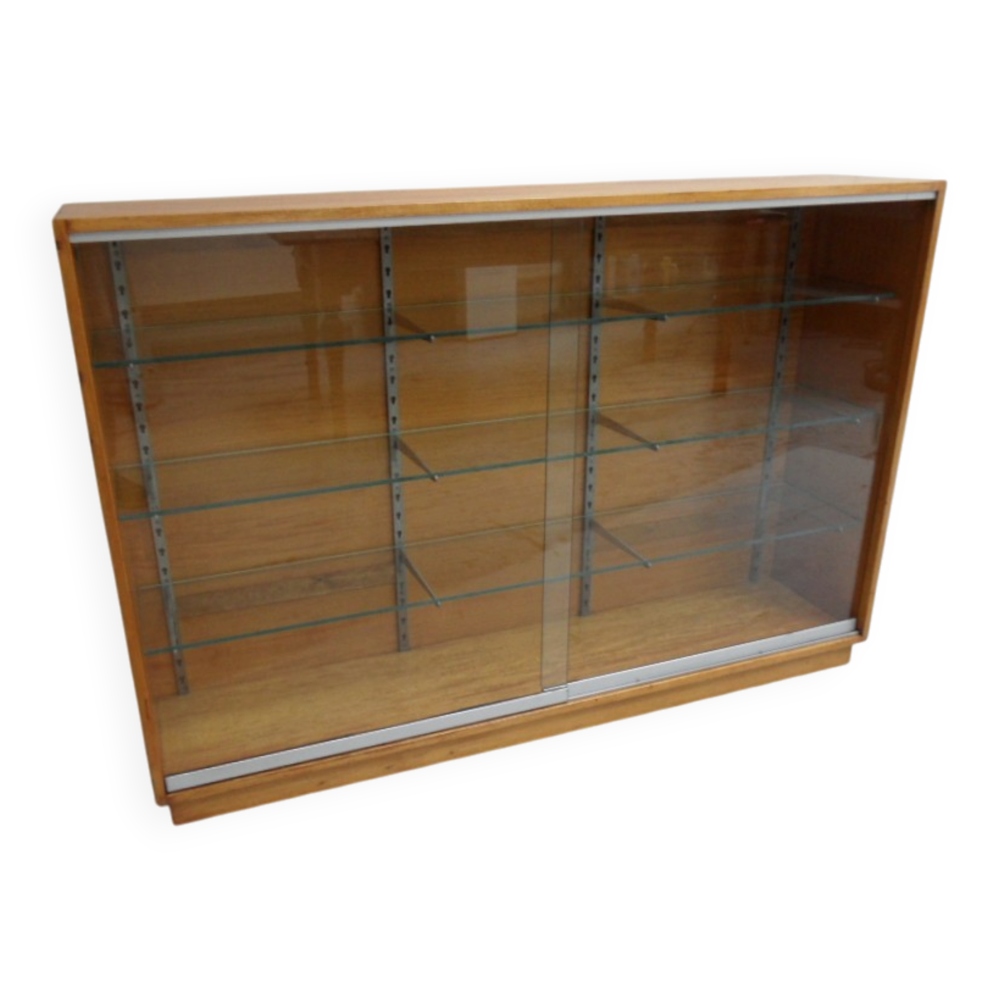 Vintage shop display cabinet with sliding doors