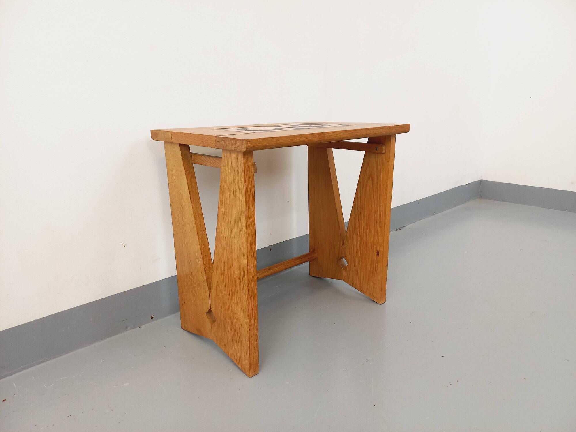 Vintage Guillerme and Chambron coffee and side table in solid oak and ceramic from the 50s and 60s