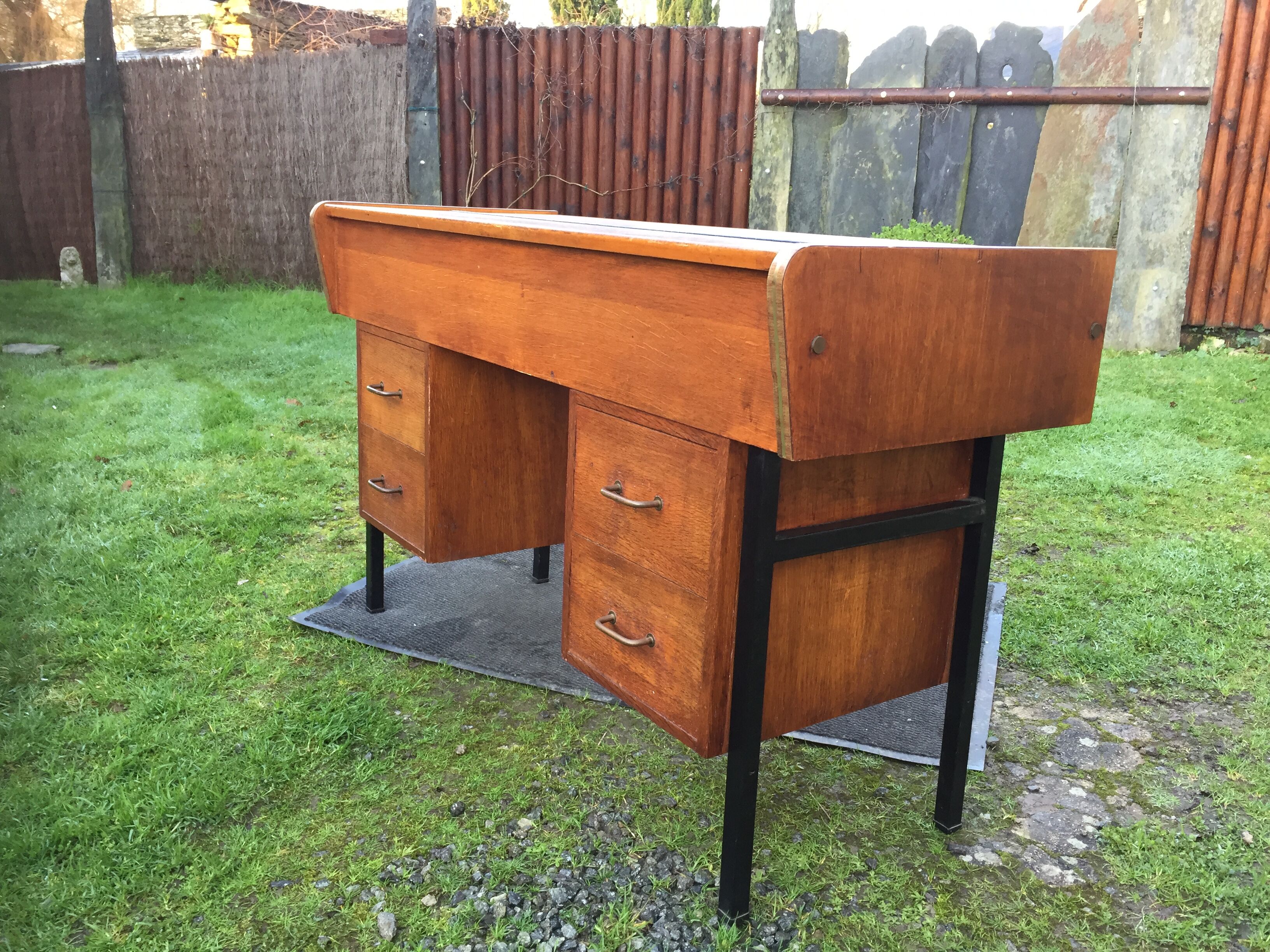 Vintage oak console desk table with square metal tube base (knitting machine)