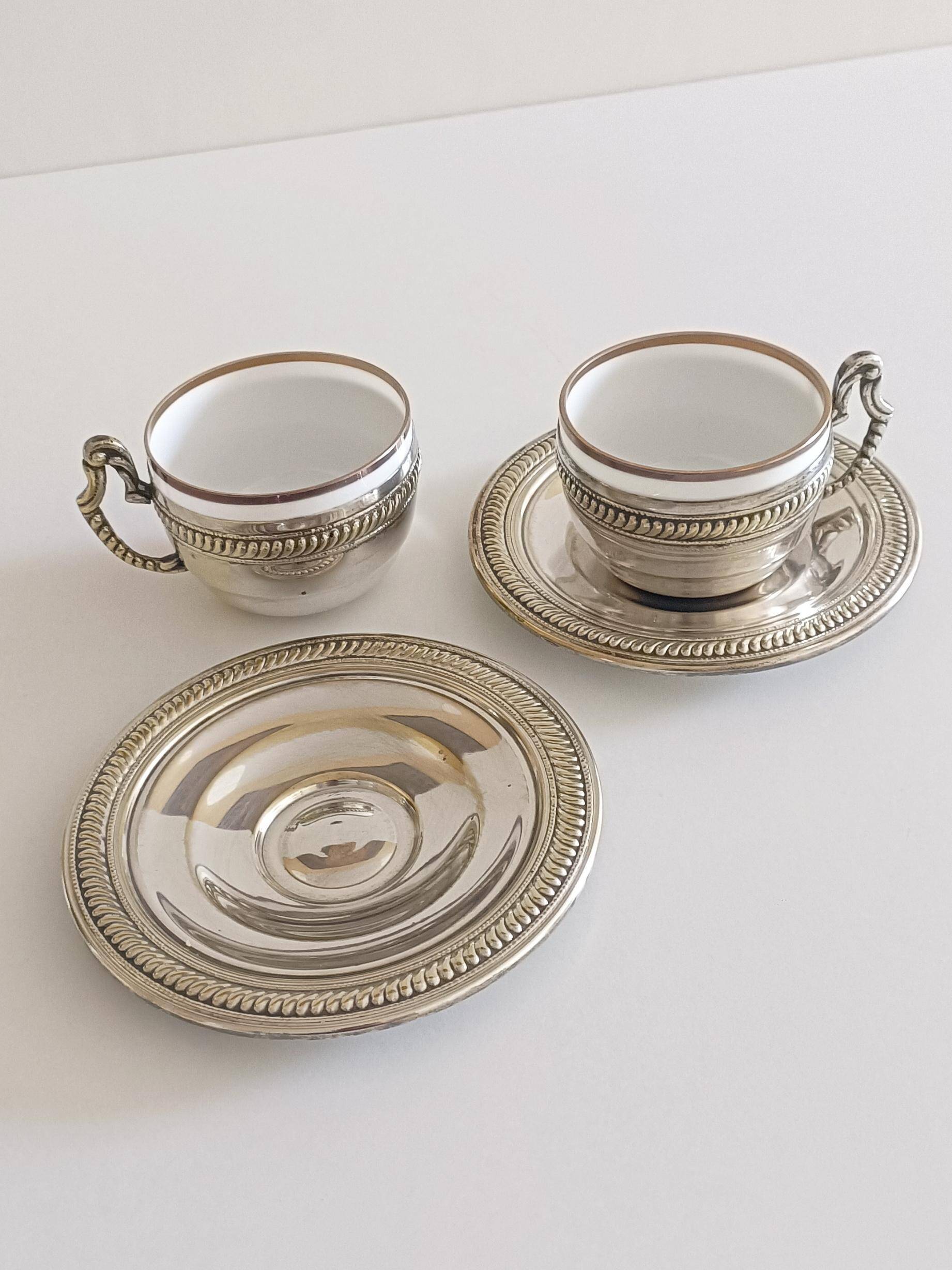 Victorian Alpaca Silver Tea or Coffee Pair of Cups and Plates, England 19th C.