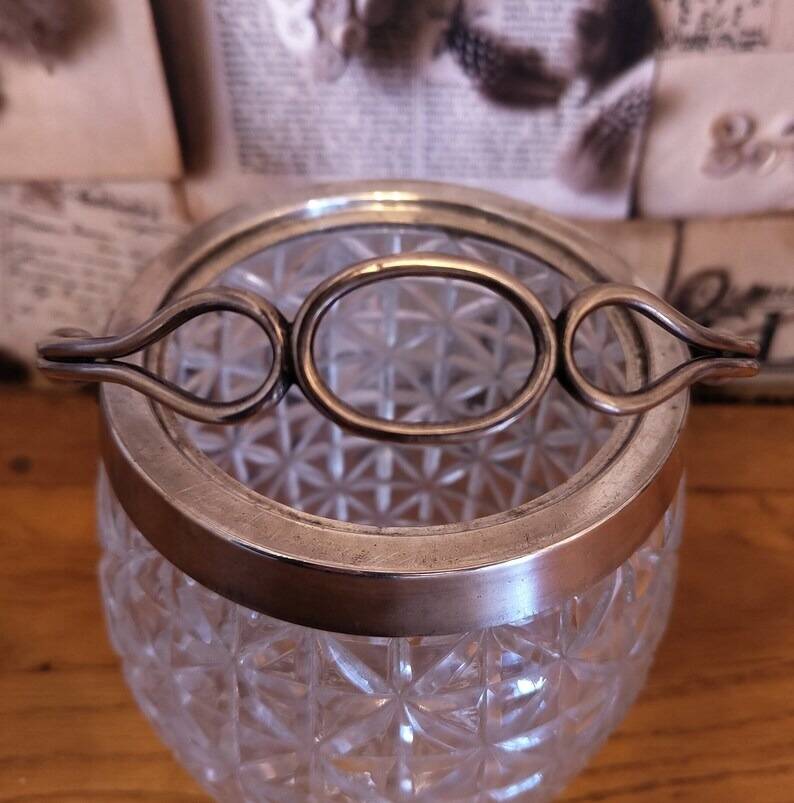 Vintage French barrel-style cut glass ice bucket, decorative metal handle 4506