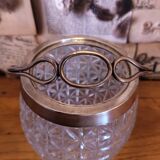 Vintage French barrel-style cut glass ice bucket, decorative metal handle 4506