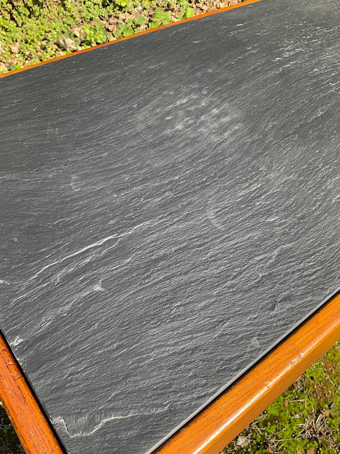 Solid oak and slate coffee table from the 50s-60s