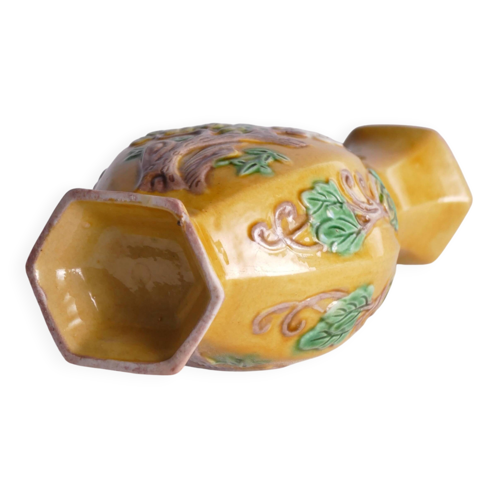 Chinese Yellow Glazed Hexagonal Relief Porcelain Vase with Prunus Motif