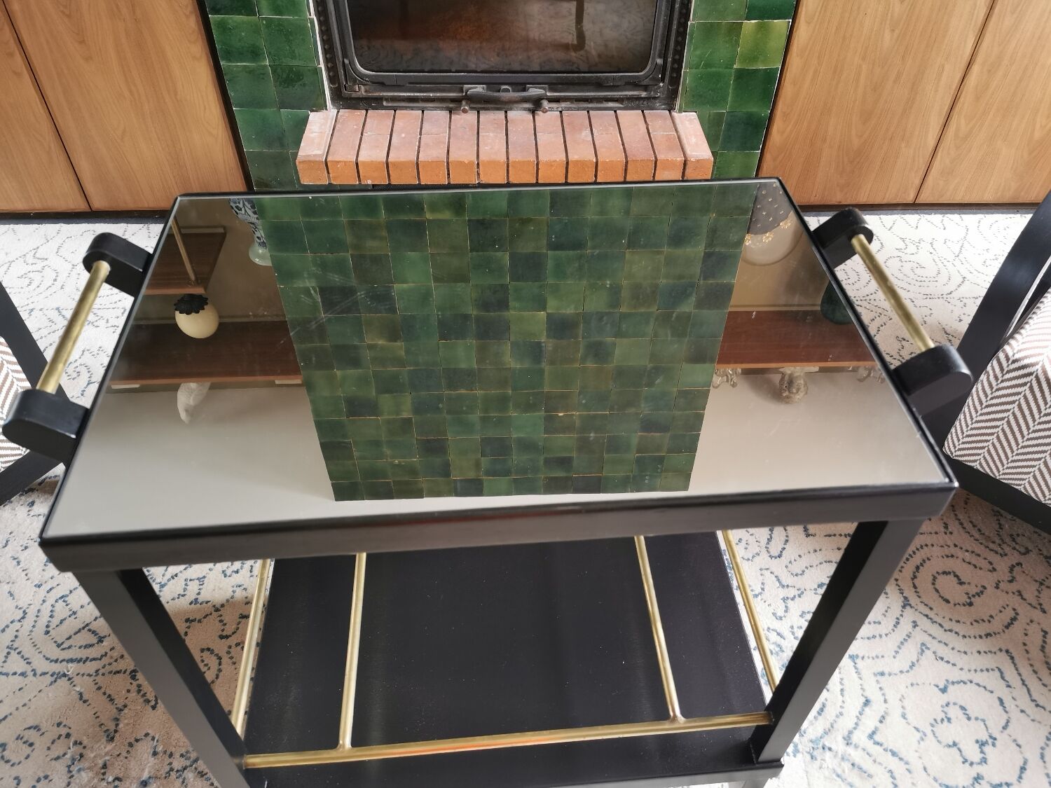 Art Deco wooden mirror and brass rolling service