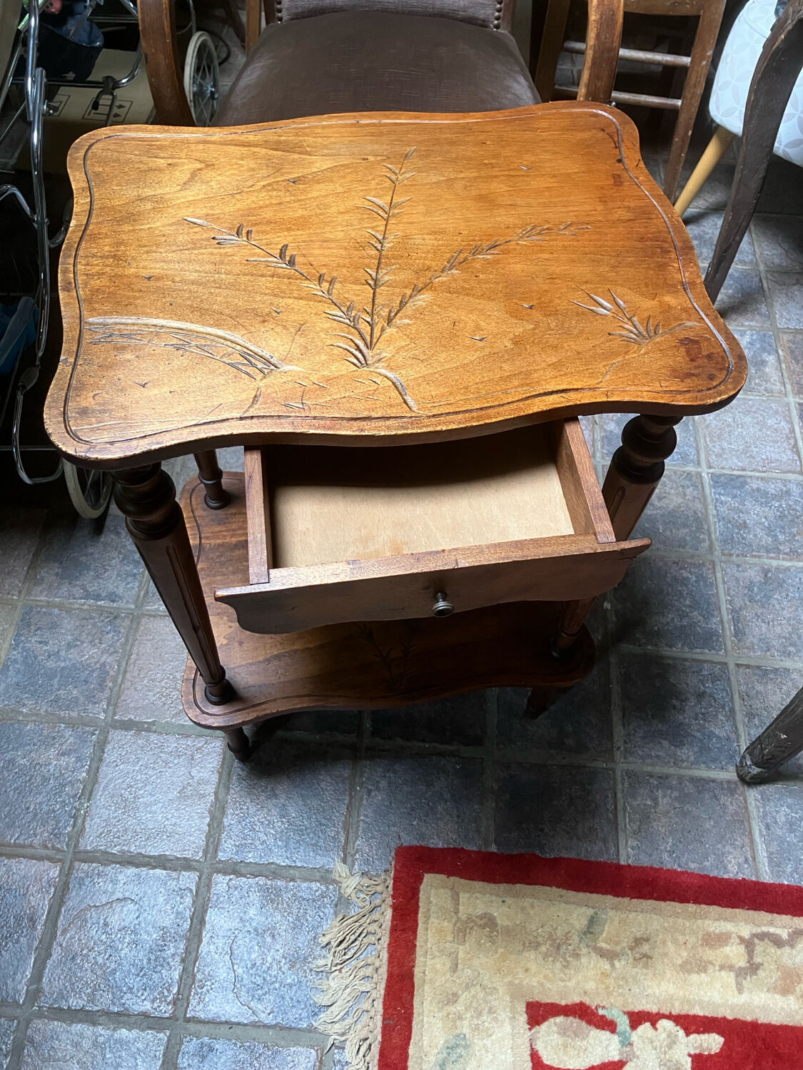 Side table, carved wood, 1900, with drawer.