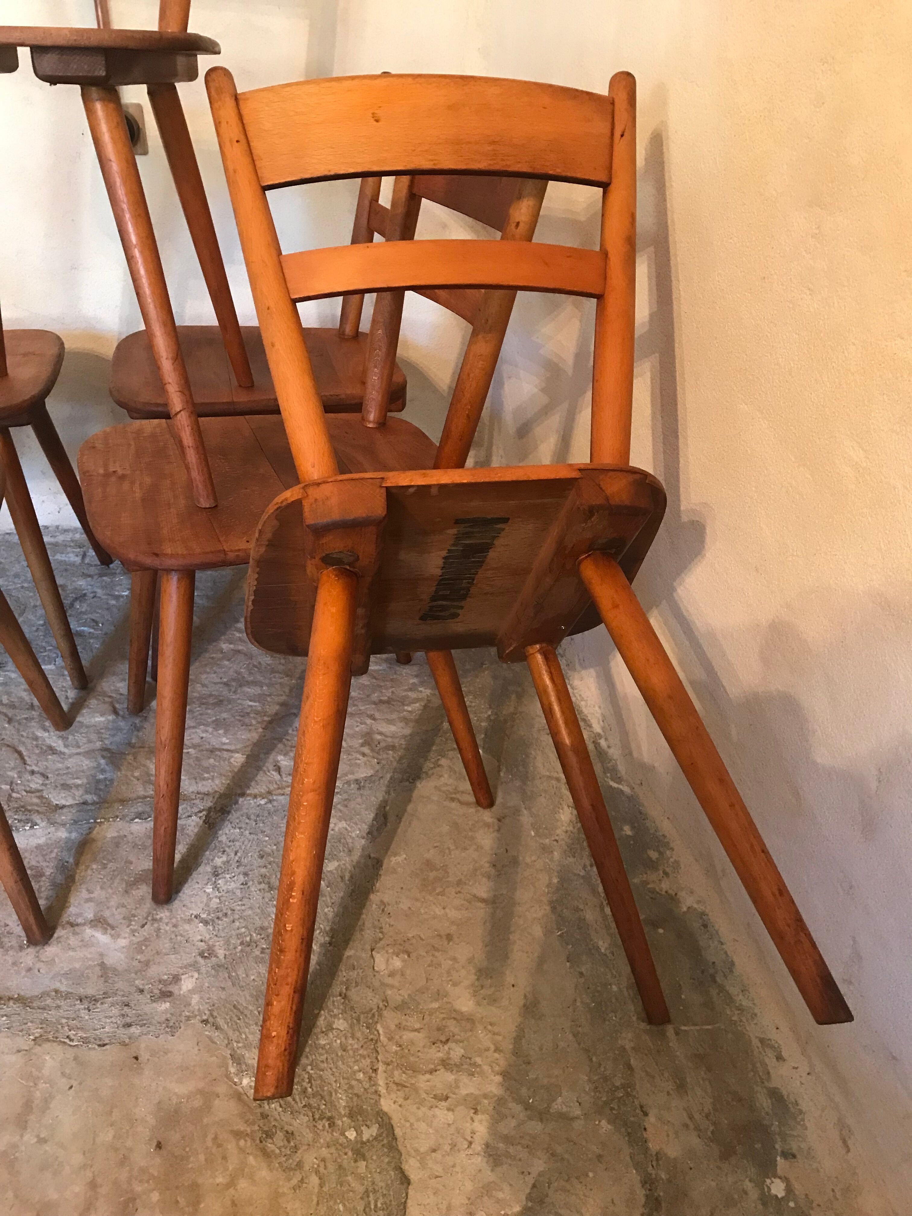 Set of 6 vintage solid wood chairs with compass legs 1960's