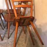Set of 6 vintage solid wood chairs with compass legs 1960's