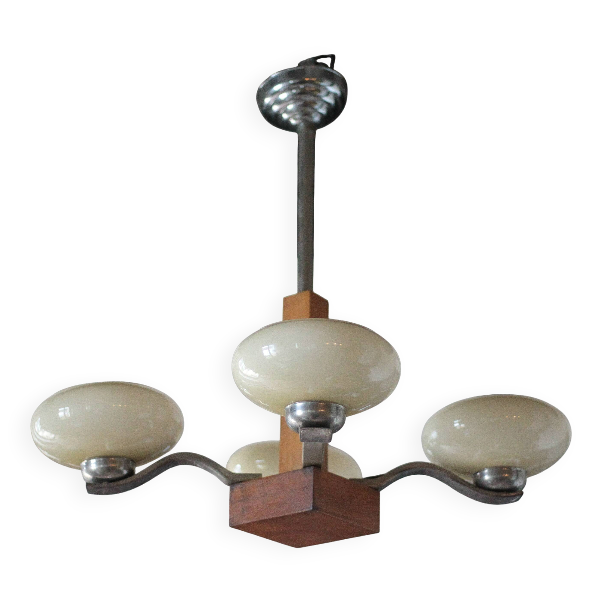 Art Deco suspension, 4-light chandelier with opaline globe, ceiling lamp.