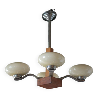 Art Deco suspension, 4-light chandelier with opaline globe, ceiling lamp.