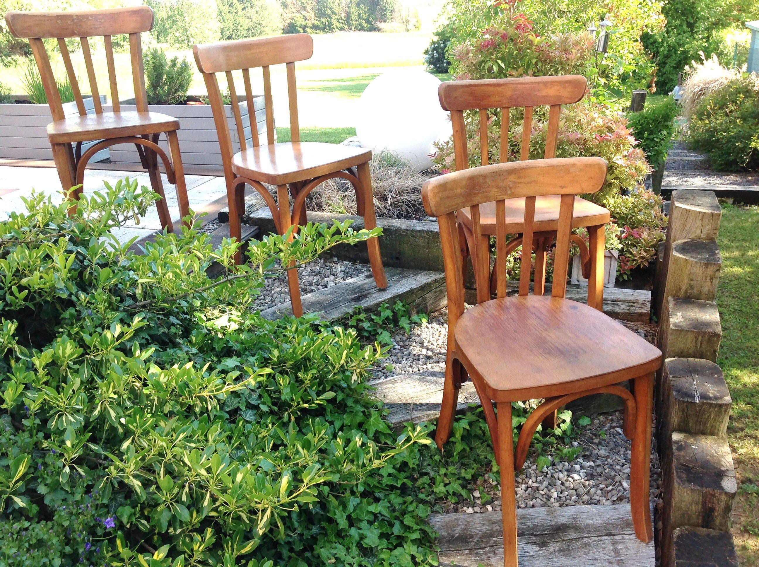 Suite of four foot bistro chairs with hoops / vintage 40s-50s