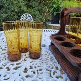Service de 6 verres vintage ambrés avec porte-verres en bois