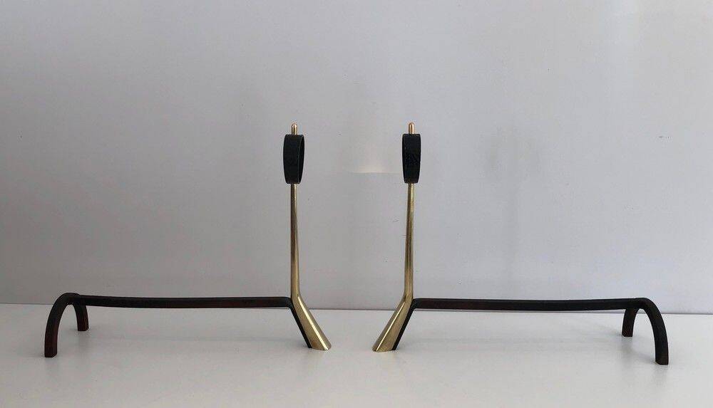 Pair of modernist bronze and wrought iron andirons