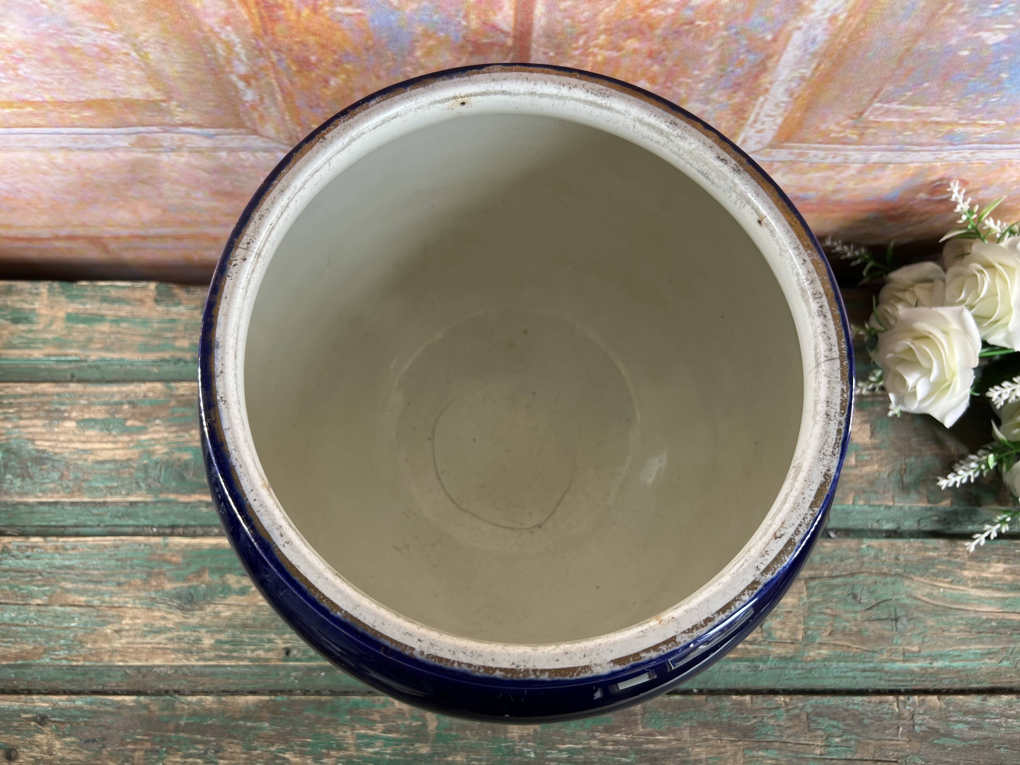 Large round old blue planter Luneville