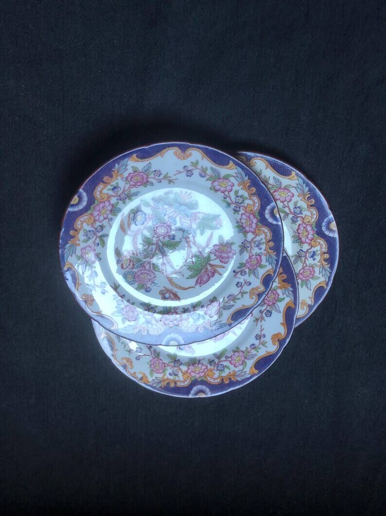 Antique Sarreguemines Dessert Plates: Hand-Painted Floral Ceramic, Set of 3