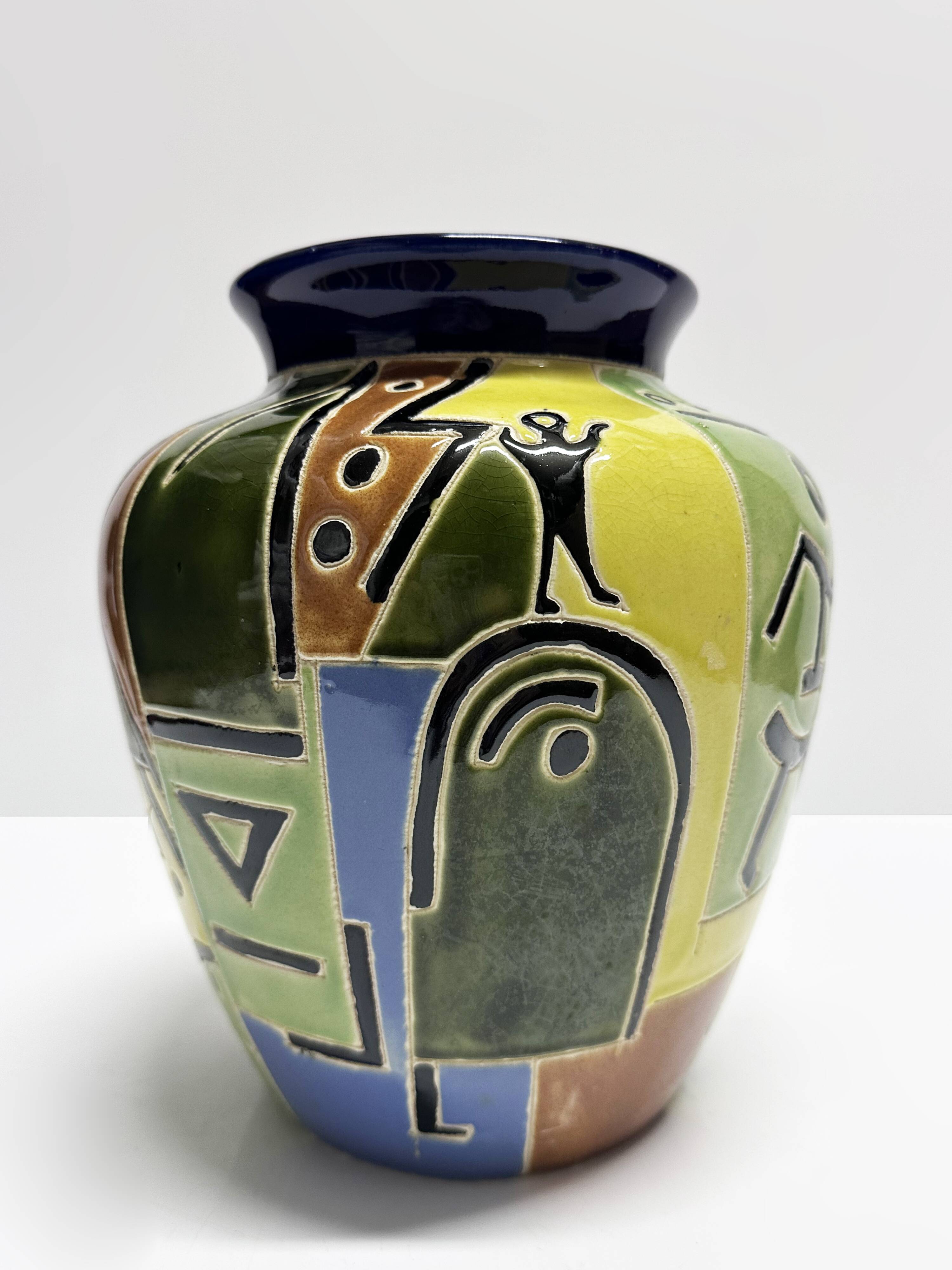 Glazed ceramic vase with Africanist decoration, France 1980s.