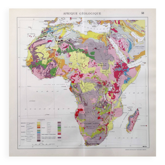 Carte Afrique géologique ancienne 43x43cm de 1950