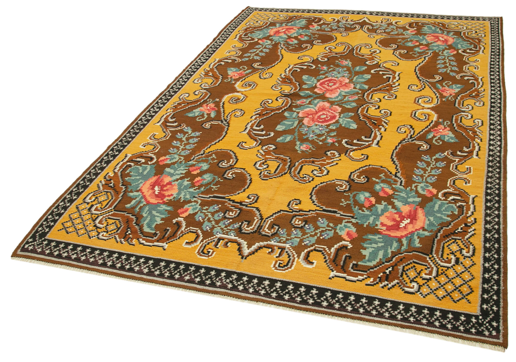 Hand-Knotted Vintage Bessarabian Brown Kilim 176 cm x 262 cm - 23401