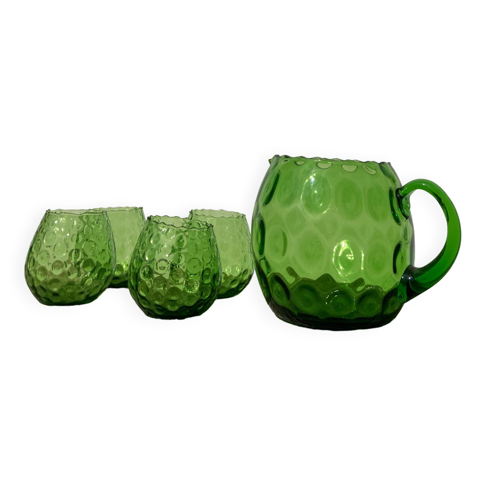 4 green water glasses and vintage blown glass carafe