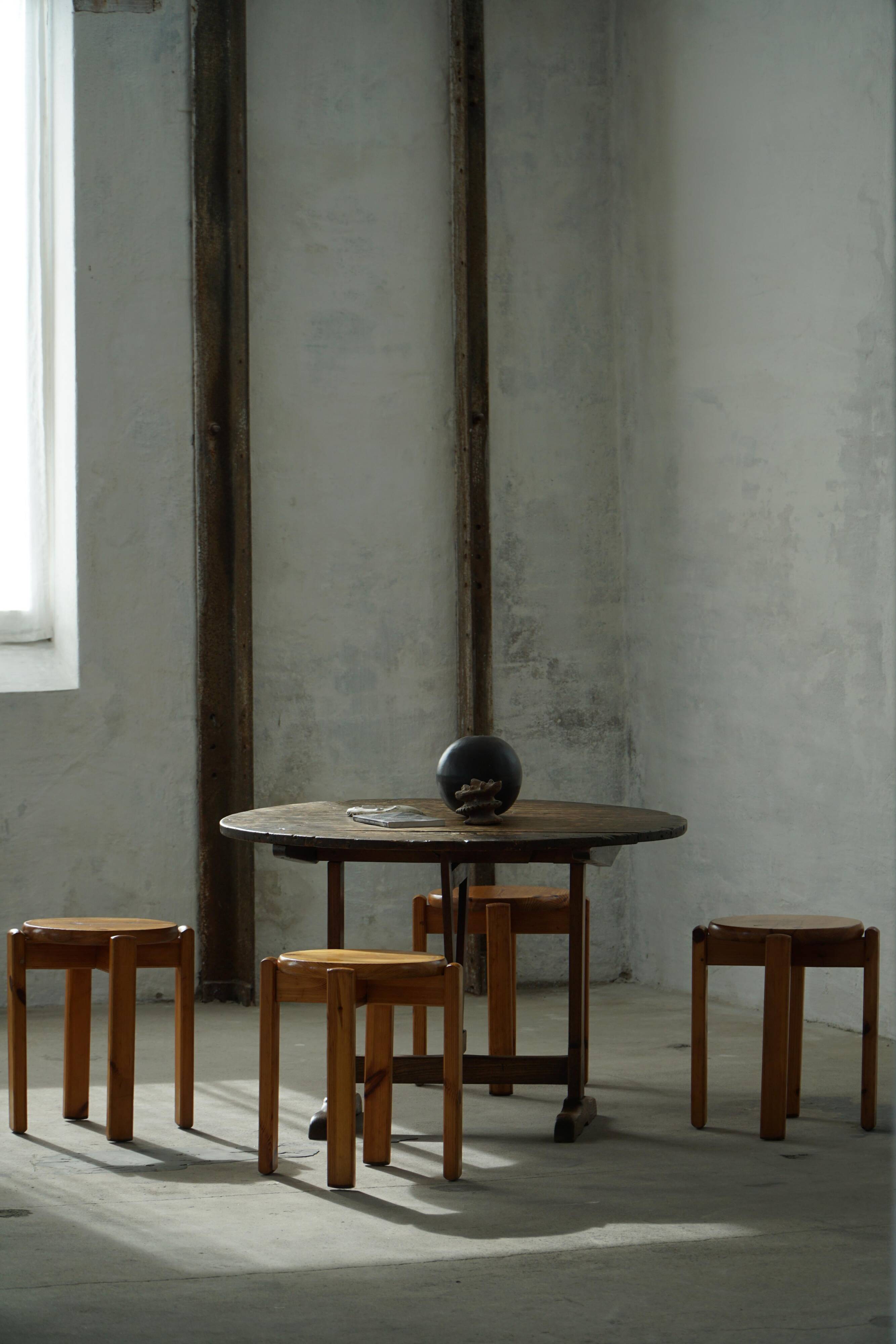 Mid-20th century, set of 4 vintage stackable pine stools, Danish design.