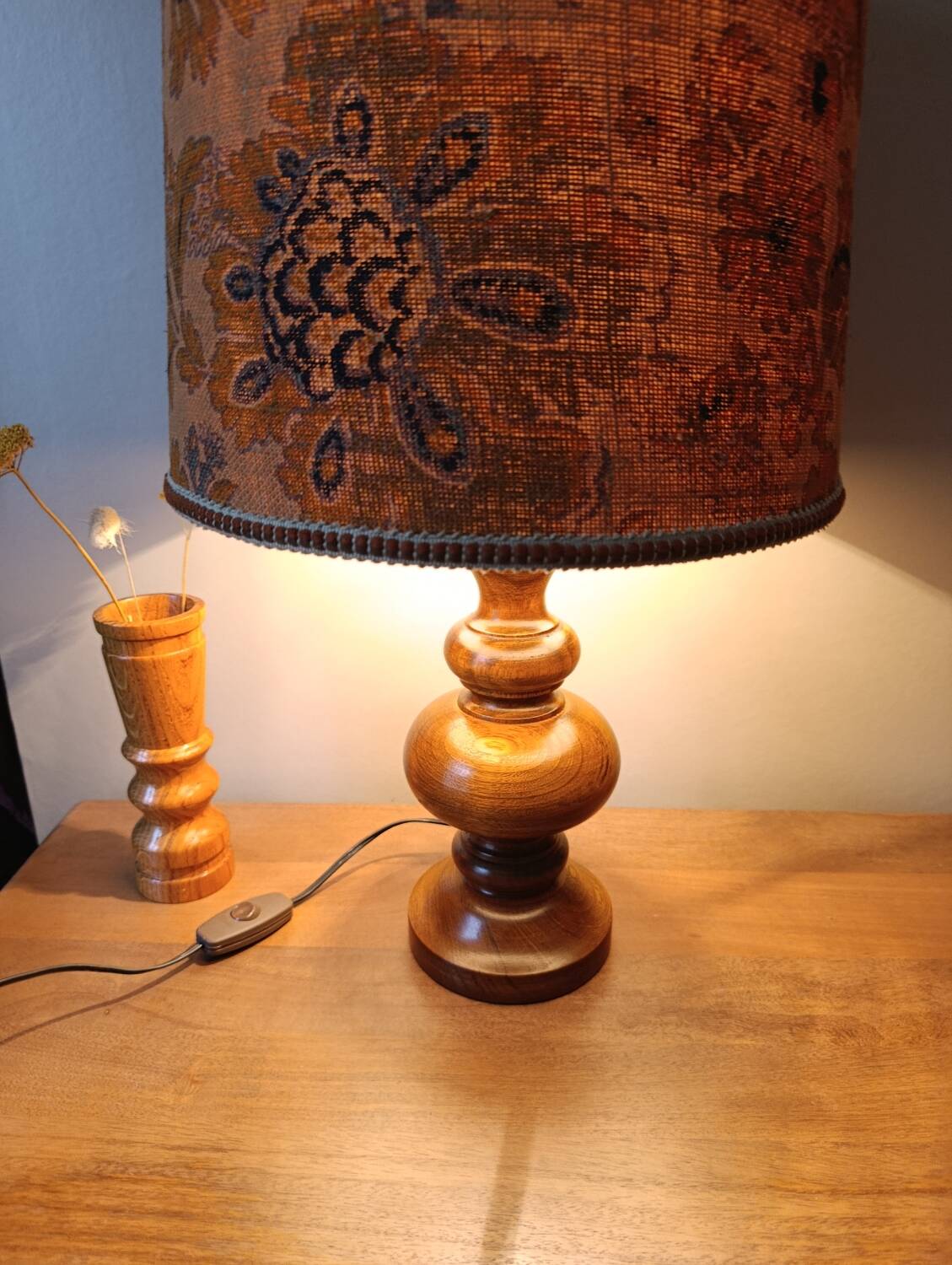turned wooden lamp with a jute floral shade, authentic sixties