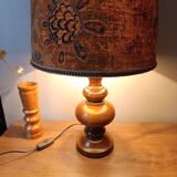 turned wooden lamp with a jute floral shade, authentic sixties