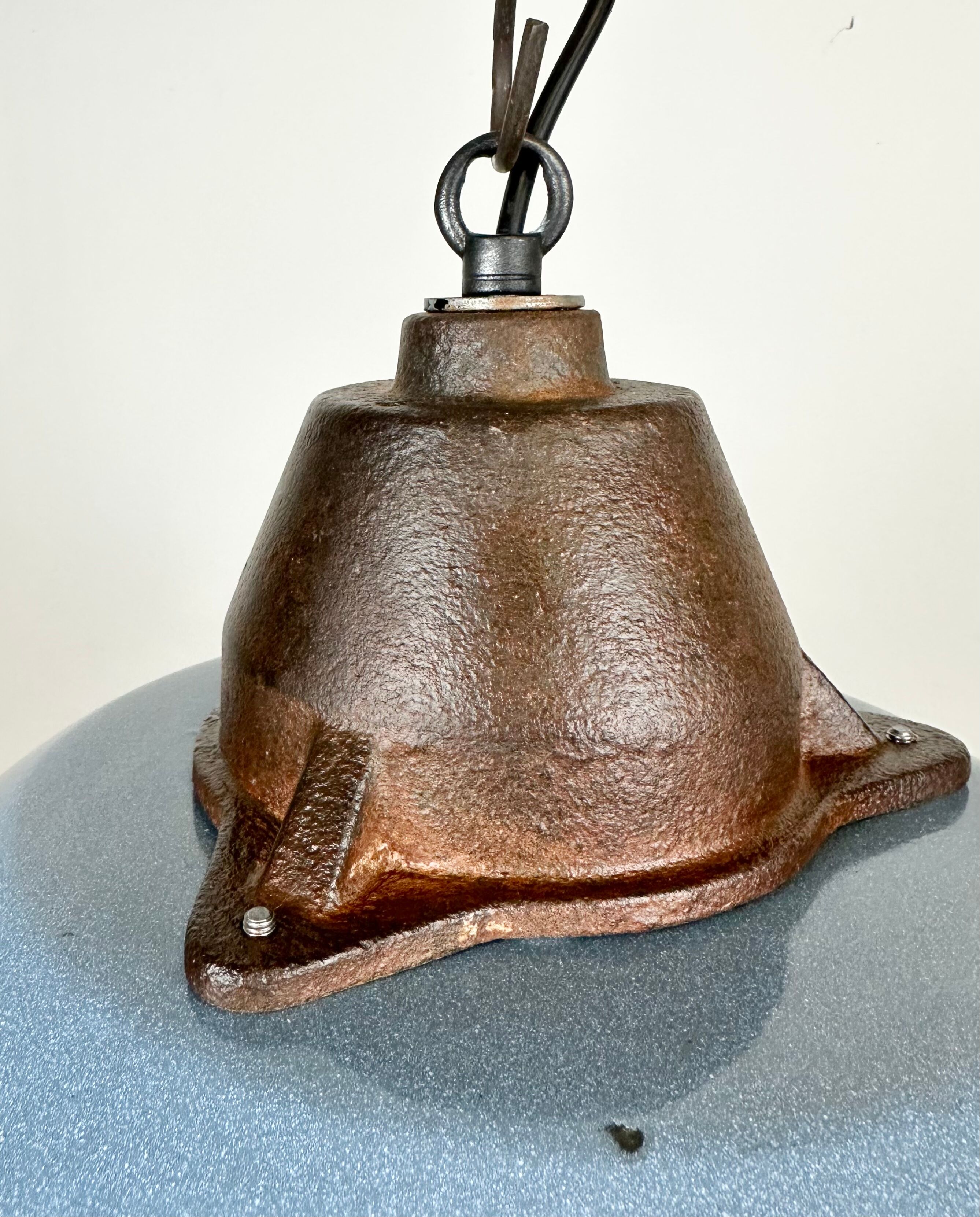 Industrial Grey Enamel and Cast Iron Pendant Light with Glass Cover, 1960s
