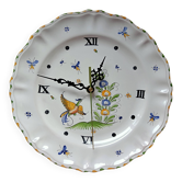 Horloge murale vintage en faïence Moustiers signée, mécanisme tout neuf en piles, pendule céramique