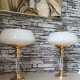 Pair of brass and Clichy glass lamps