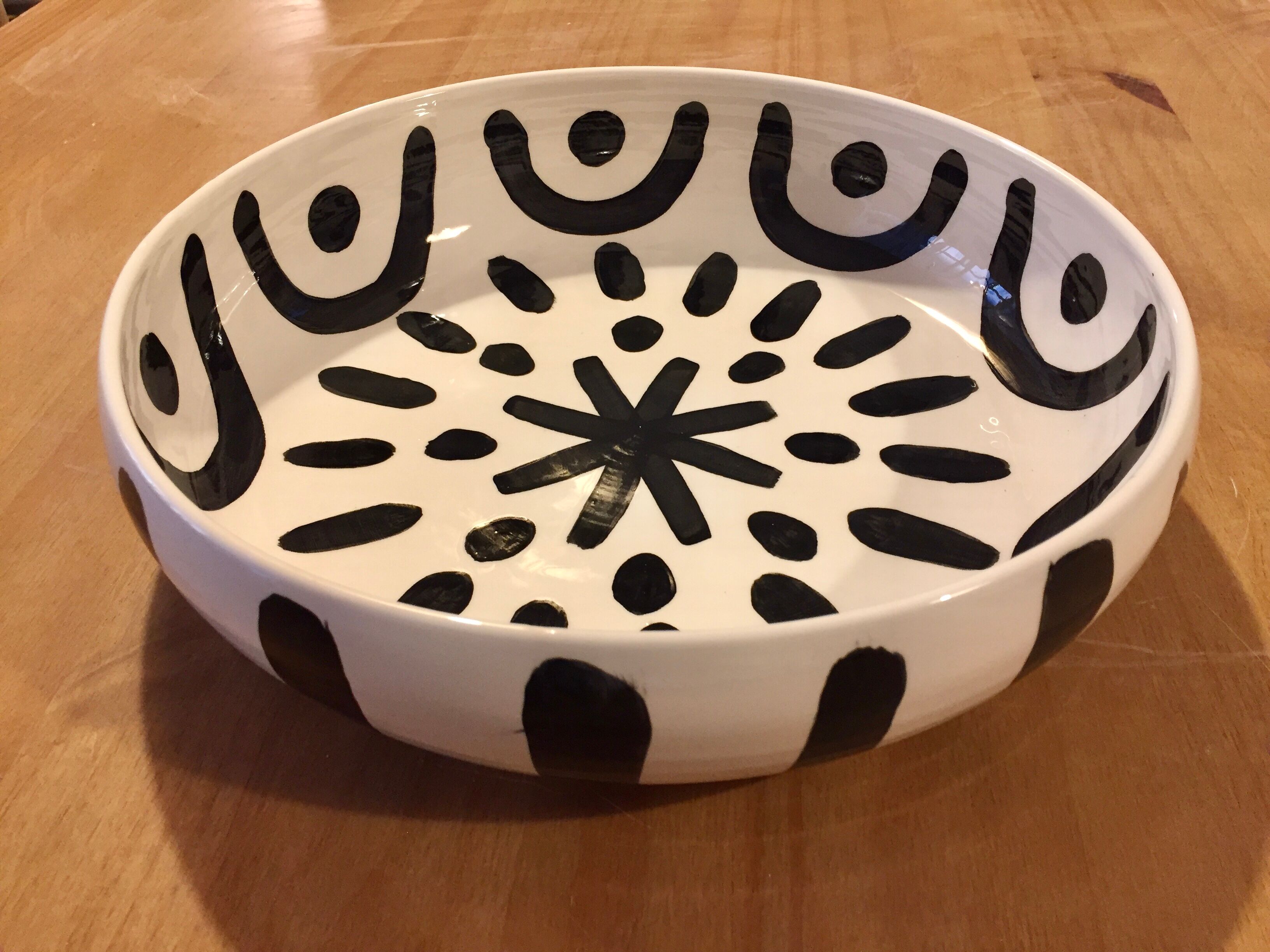 Large ceramic salad bowl painted by hand black and white