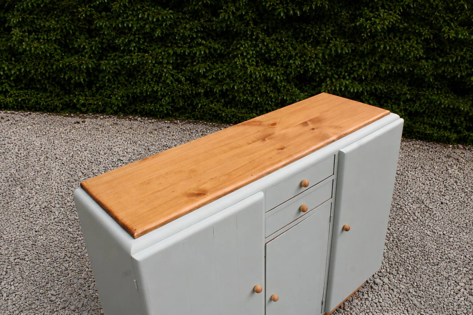 Renovated vintage buffet in Mado style – Celadon Libéron and natural wood – 13