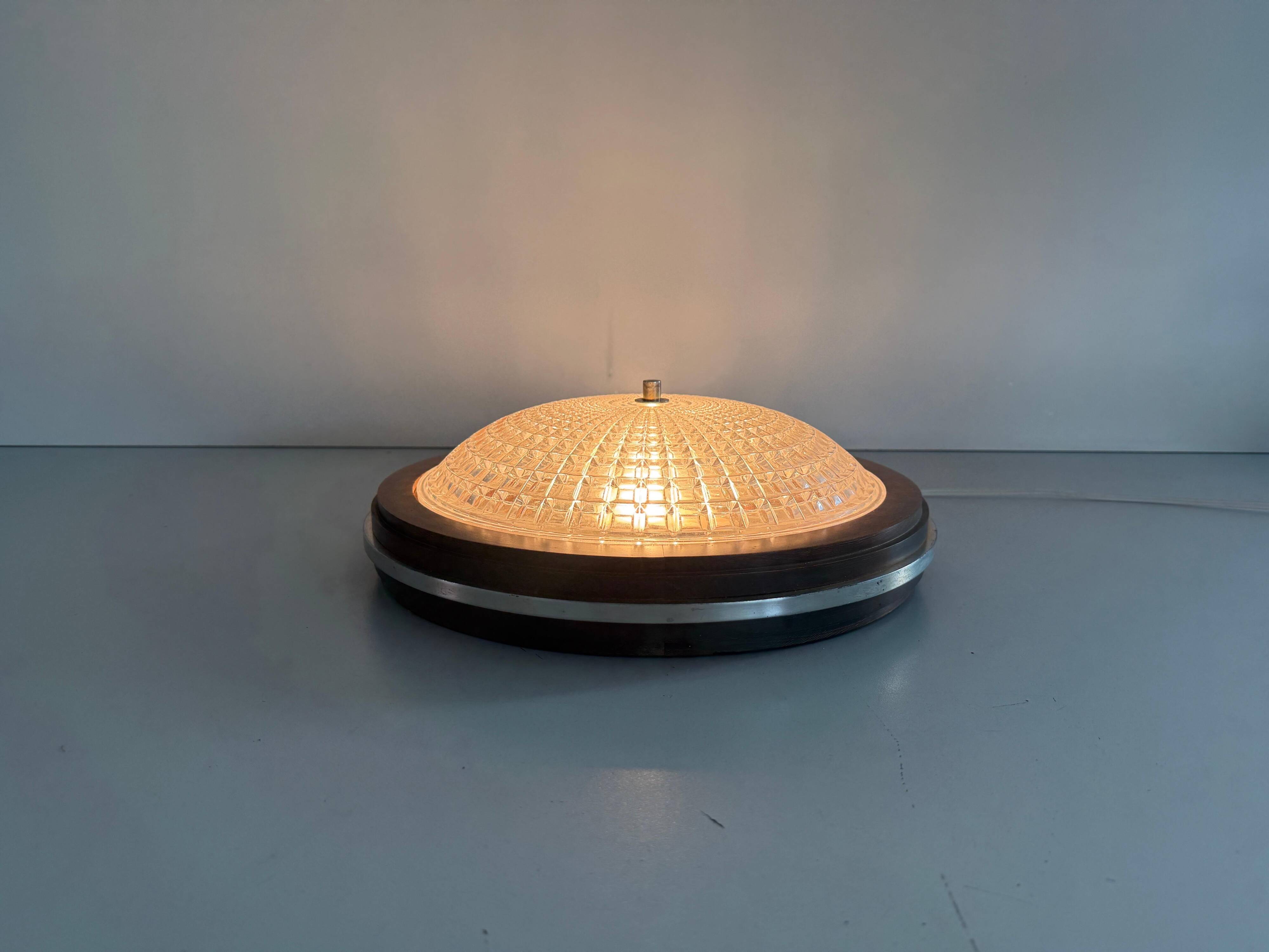 Flush mount in glass crystal and mahogany wood base, 1960s, Switzerland