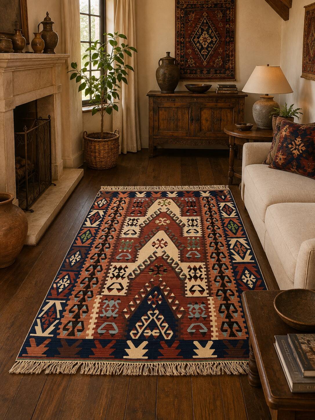 Antique Turkish Mihrabi Kilim Rug, Anatolian Geometric Rustic Carpet