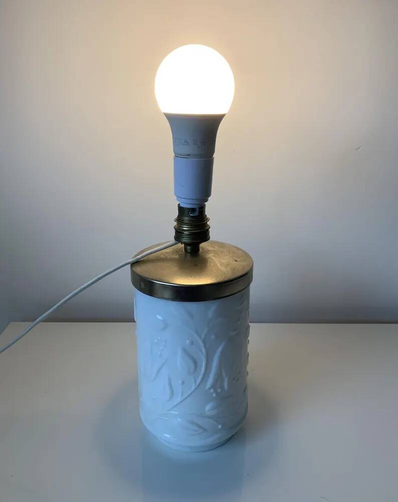 Vintage opaline glass lamp from the 50s and 60s, retro bedside lamp, French craftsmanship, elegant minimalist design lighting.