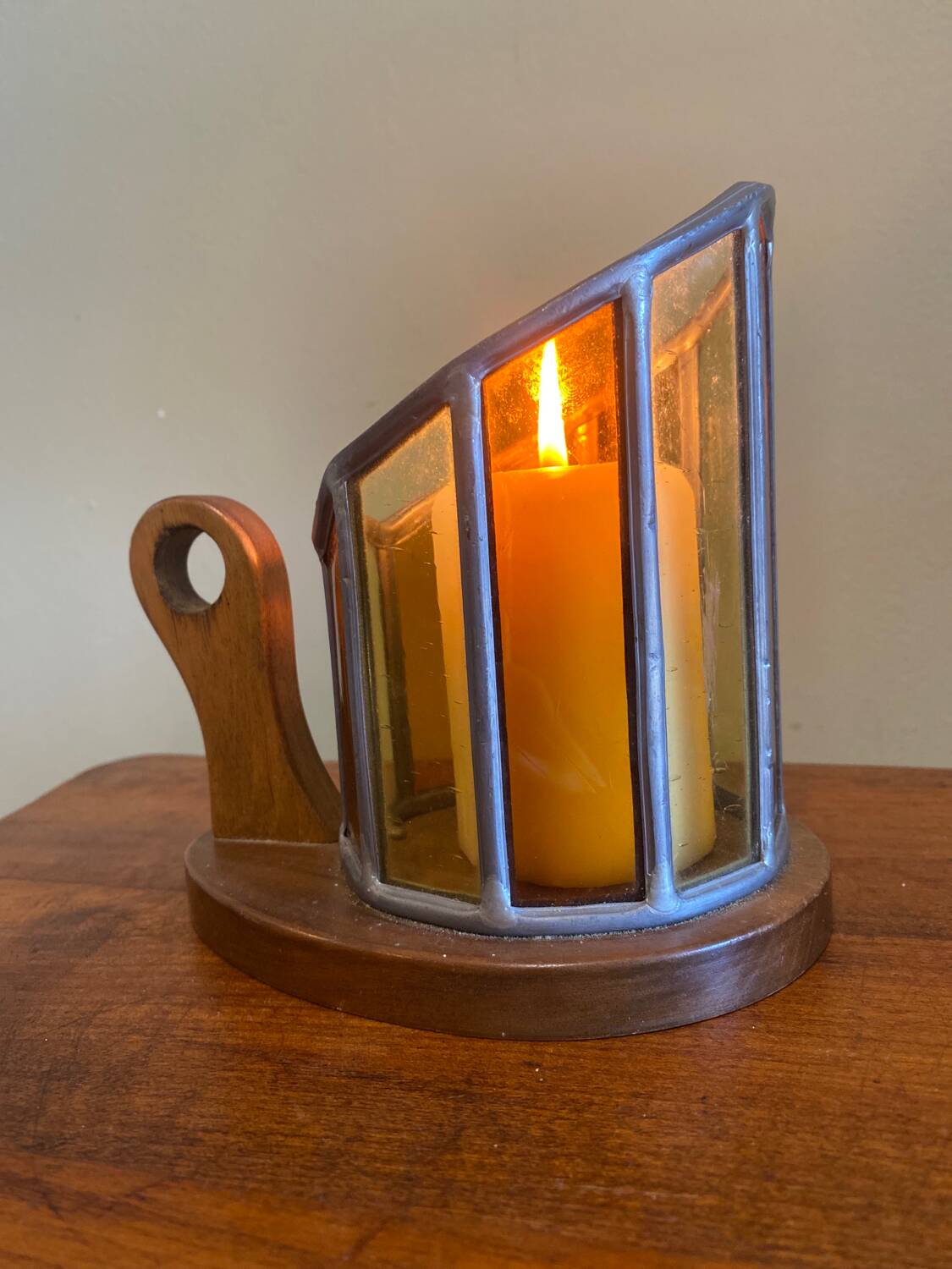 Wooden and stained glass candle holder