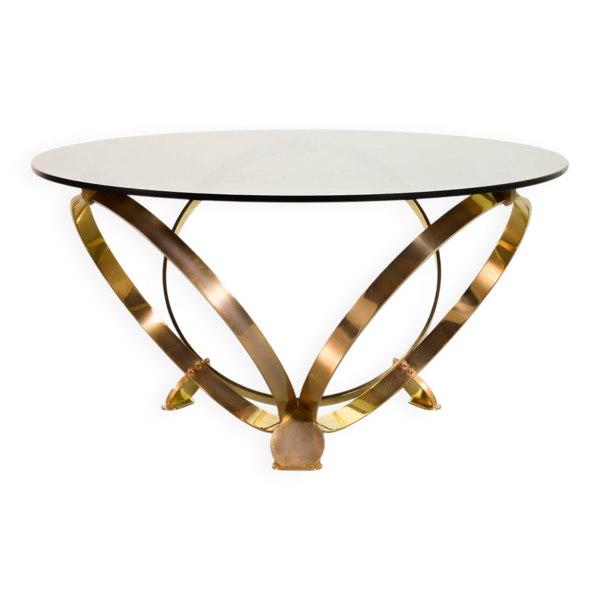Table basse ronde en laiton avec plateau en verre fumé Knut Hesterberg, Allemagne, années 70